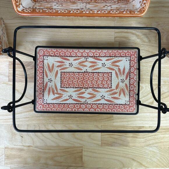 5pc Set Temptations Old World ORANGE 1.5 QT Bakeware Dish w/Rack/Trivet/Ramekins - Picture 2 of 9